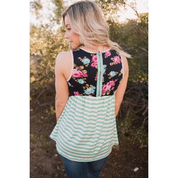 Mint Stripes and Floral Womens Tank