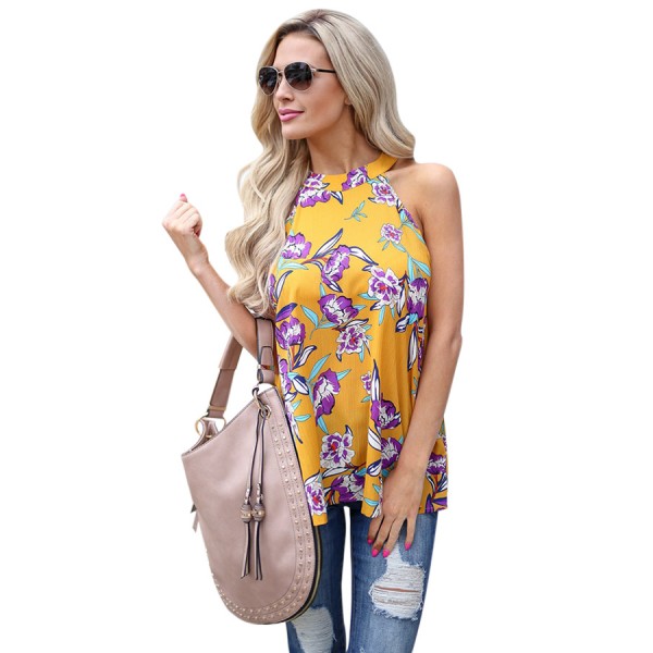 Mustard Violet Floral Back Cutout Sleeveless Top